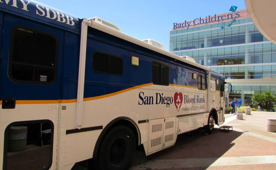A mobile blood bank parked in front of Rady Children's Hospital in San Diego.