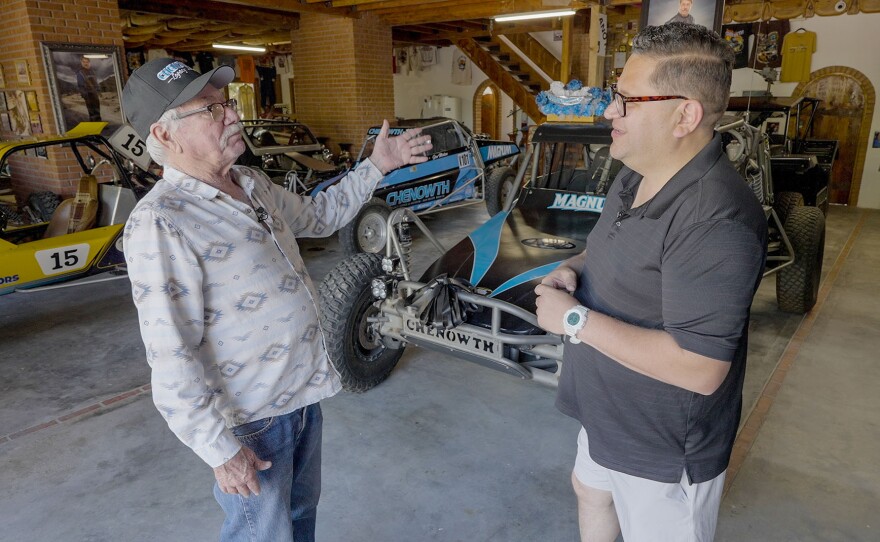 Host Jorge Meraz (right) learns about the history of off-road vehicles with the famous Lynn Chenowth (left) at his museum to the south of San Felipe, Mexico.
