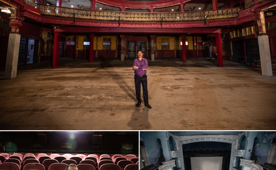 Top: Anil Vankadkar works at the Capitol cinema's office. Bottom left: Jeetendra Rajput is the caretaker of Central Plaza cinema. Bottom right: Ganesh Palkar is the caretaker of the Edward Theatre. Due to the pandemic, most of the theaters have had to downscale and let go of staff members. The owners of the cinemas have held onto only a few crucial employees who have been with them for many years.