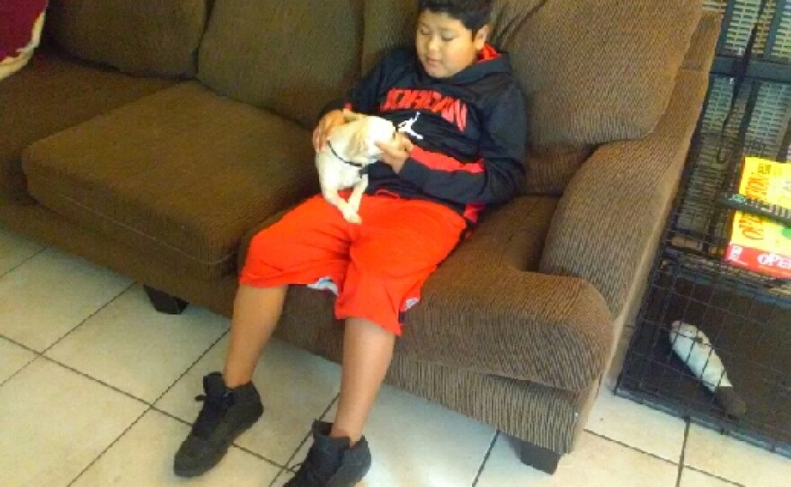 Margarita Diaz's son sits with his dog Charlie in their City Heights apartment, Feb. 1, 2018.