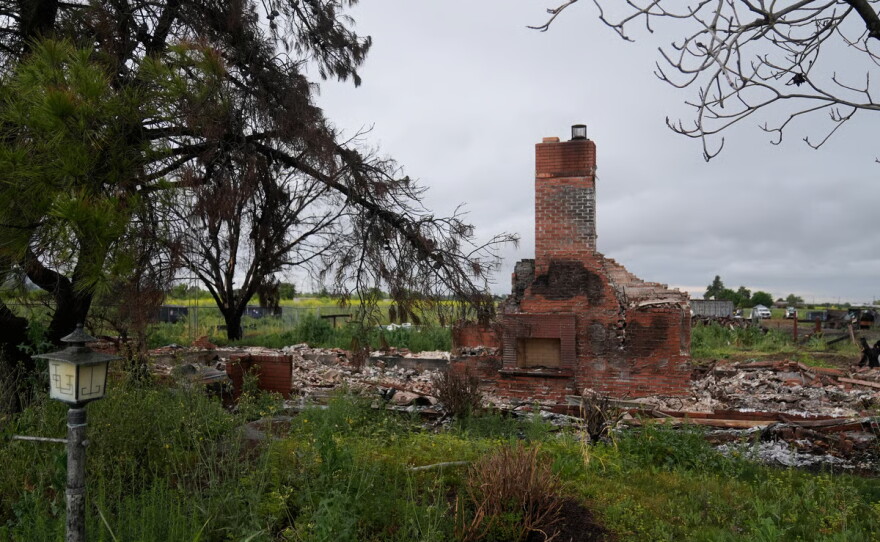 Property damage is shown at the location of a July 1, 2025, fireworks explosion in Esparto, Calif., Friday, April 10, 2026.