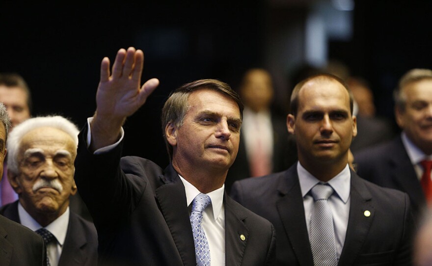 Then deputy Jair Bolsonaro (PP-RJ) and his son Eduardo Bolsonaro (PSC - SP) during the inauguration ceremony of the 513 deputies (POSSE NOVA LEGISLATURA)