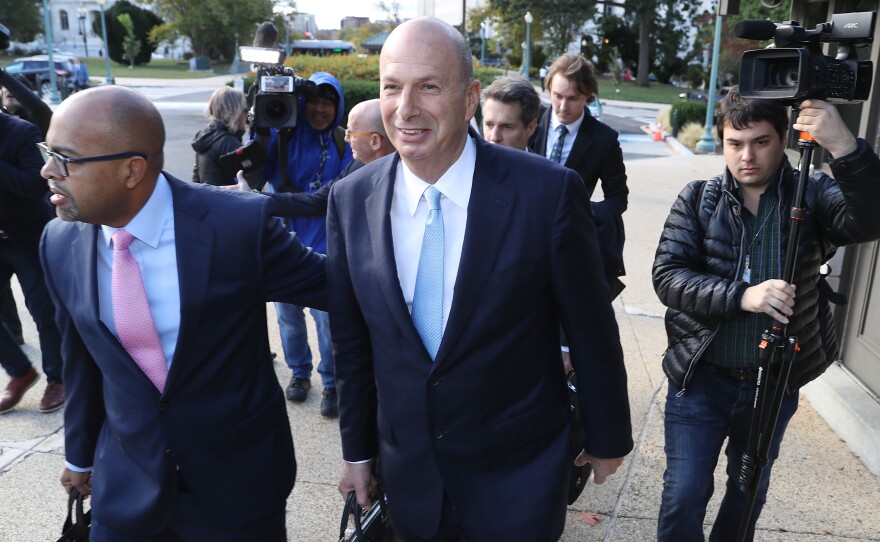 U.S. Ambassador to the European Union Gordon Sondland (center) arrives at the U.S. Capitol on Oct. 17. The transcript of his testimony, as well as a supplemental statement, was released on Tuesday.