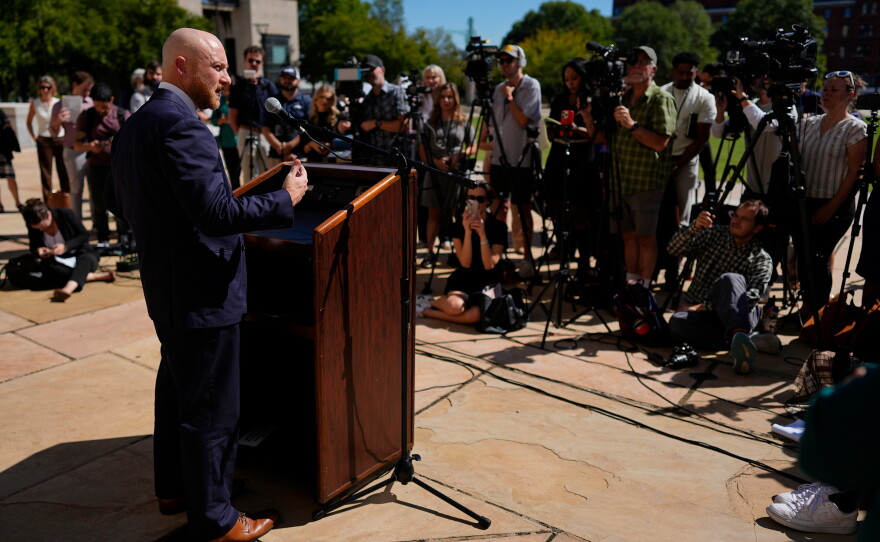 Luke Ihnen, attorney for Christa Pike, speaks during a news conference after a judge ruled the Tennessee Department of Corrections must preserve all evidence related to the failed execution of Pike, Wednesday, Oct. 7, 2026, in Nashville, Tenn.