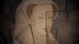 An image of Mary, Queen of Scots behind her coded letters.