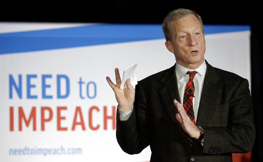 Billionaire investor Tom Steyer speaks during a "Need to Impeach" town hall event in March.