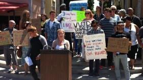 Rachel Scoma, with Canvass for a Cause, speaks out against Proposition B in front of a crowd of LGBT supporters on May 30, 2012.