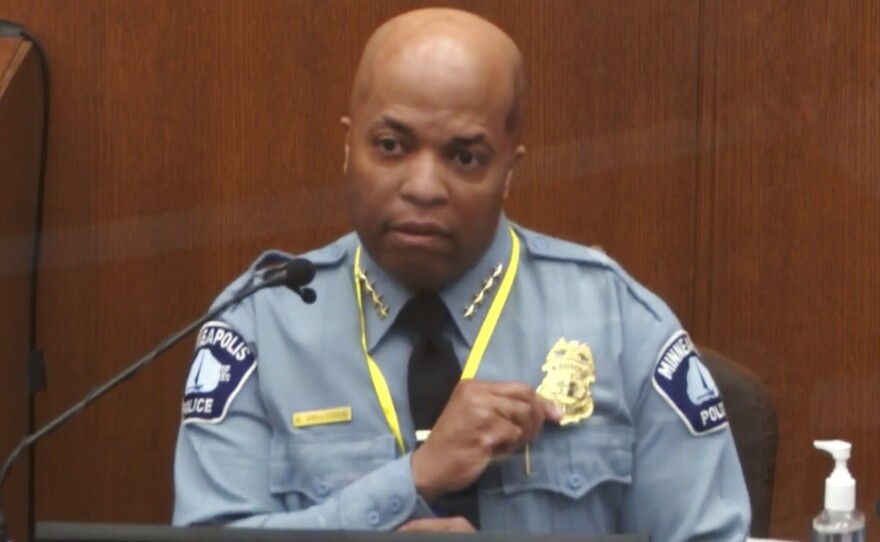 Minneapolis Police Chief Medaria Arradondo testifies in a Hennepin County courtroom during the trial of former officer Derek Chauvin, who faces three criminal charges over the May 25, 2020, death of George Floyd.