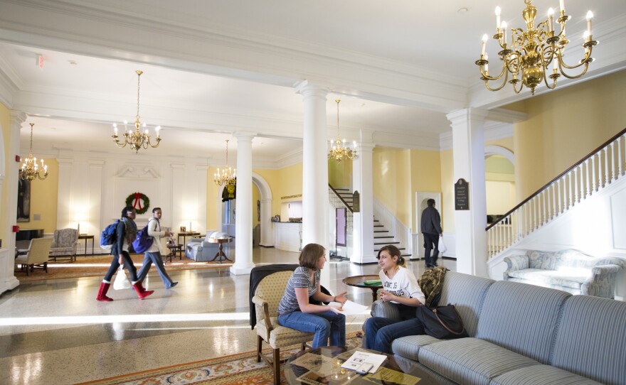 Students converge in the interior of the main hall at Randolph College in Lynchburg, Va.