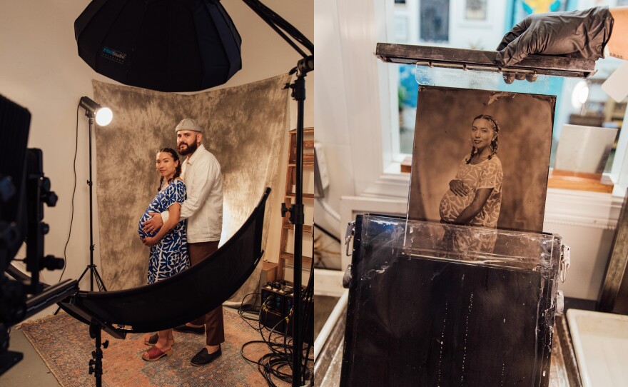 From capture to creation: On the left a tintype portrait session in action; on the right, the wet metal process brings the image to life, showcasing the timeless beauty of 19th-century photography.