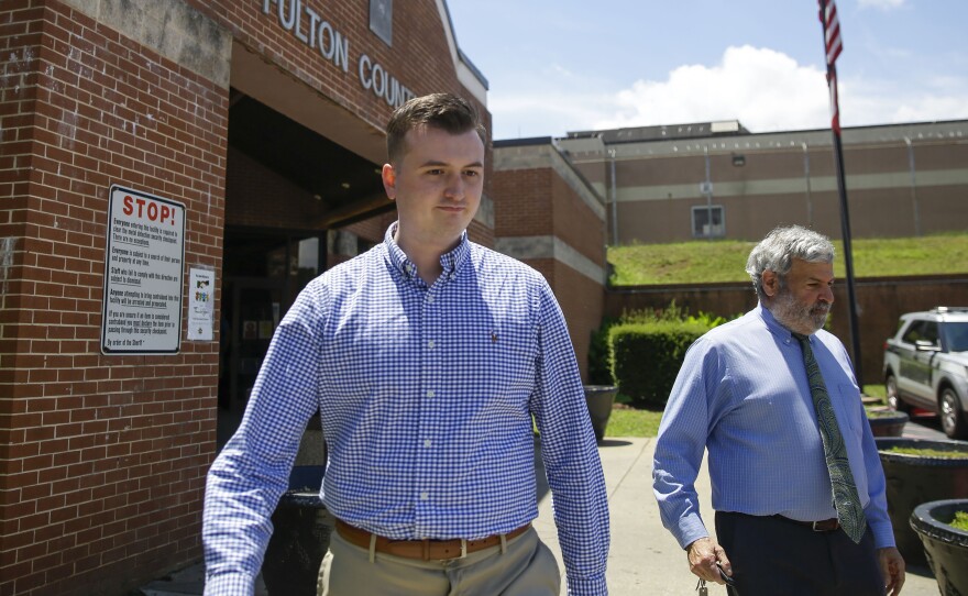 Devin Brosnan leaves the Fulton County Jail in Atlanta on Thursday after turning himself in. Authorities have charged Brosnan with four counts, including aggravated assault, in the shooting death of Rayshard Brooks.