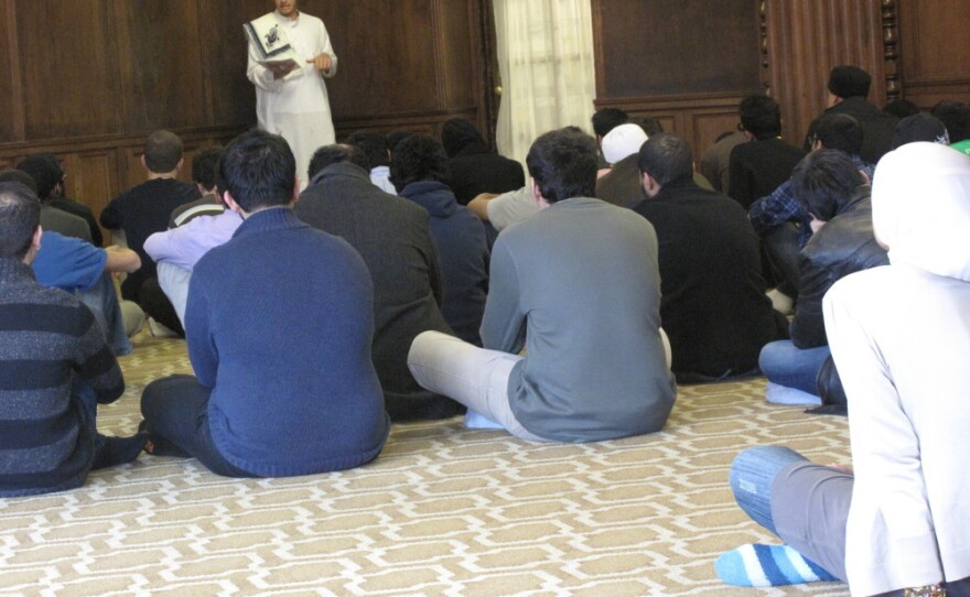 Muslim students at the University of Michigan listen to a sermon delivered by sophomore Mohamad Omar Hadied during Friday prayer.