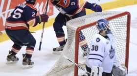 Norfolk Admirals' Tyler Johnson, left, and Alexandre Picard celebrate a goal during the second period of an AHL Calder Cup hockey game against the Toronto Marlies in Toronto on June 9, 2012.
