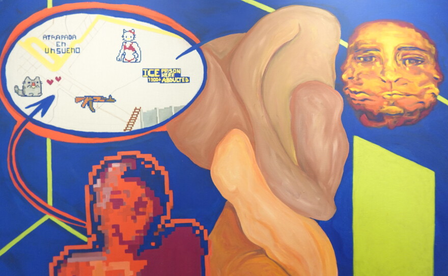 A painting titled "Cuerpo: A W Place Map," by Marcela Alarcón López, taken on April 16, 2026, at Arts District Liberty Station.
