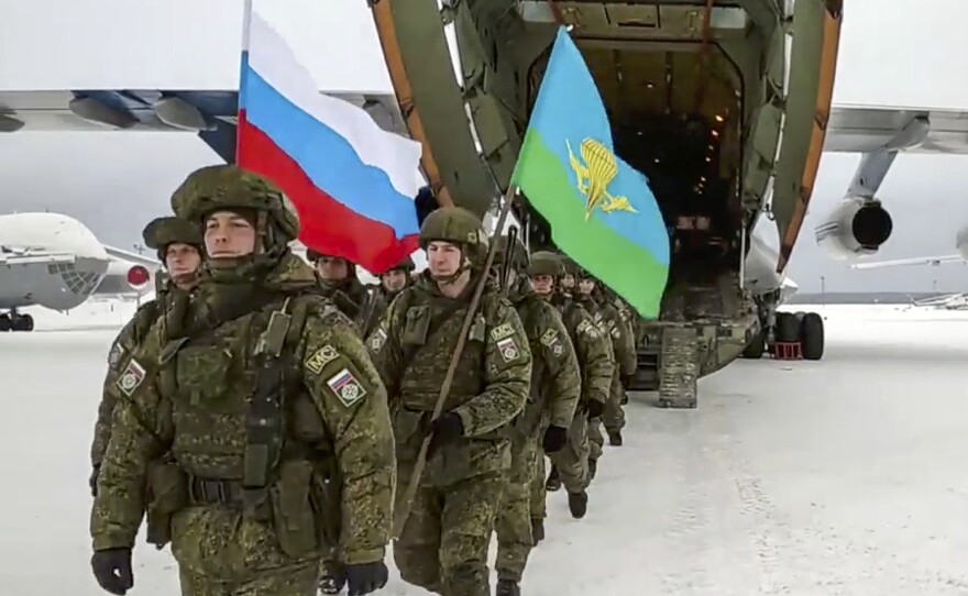 Russian troops arrive back in the Russian city of Ivanovo on Jan. 15 after serving briefly in the former Soviet republic of Kazakhstan. The Russian forces were dispatched to help Kazakhstan's President Kassym-Jomart Tokayev stamp out widespread protests against his authoritarian rule. Kazakhstan is just one of five former Soviet republic where Russian troops have been operating this year.