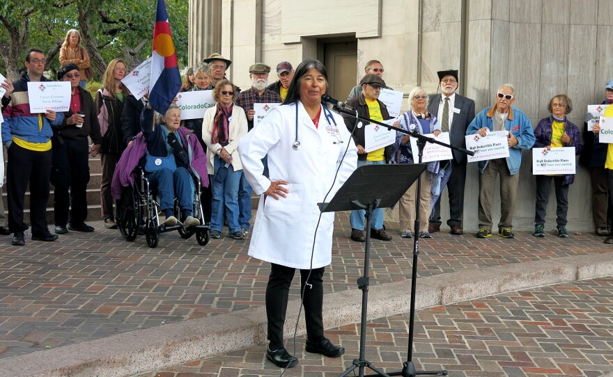Dr. Irene Aguilar, a Democrat and Colorado state senator from Denver County, is also a medical internist and advocate of universal health care. She led this Denver rally in favor of the 2016 ballot measure.