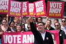 Andy Burnham, Britain's Labour candidate for Makerfield, gestures in front of supporters during the by-election in Makerfield, England, Thursday, June 18, 2026 where voters are choosing a new lawmaker with Andy Burnham of the Labour Party as the leading contender.