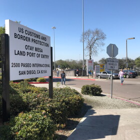 A sign shows the Otay Mesa Port of Entry, Aug. 15, 2019.