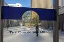 The city of San Diego seal is shown outside city hall in San Diego, Calif. Jan. 24, 2023.