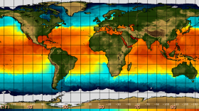 Warming sea surface temperatures in the Equatorial Pacific Ocean, shown in orange and red, signal a strengthening El Niño, August 2015.