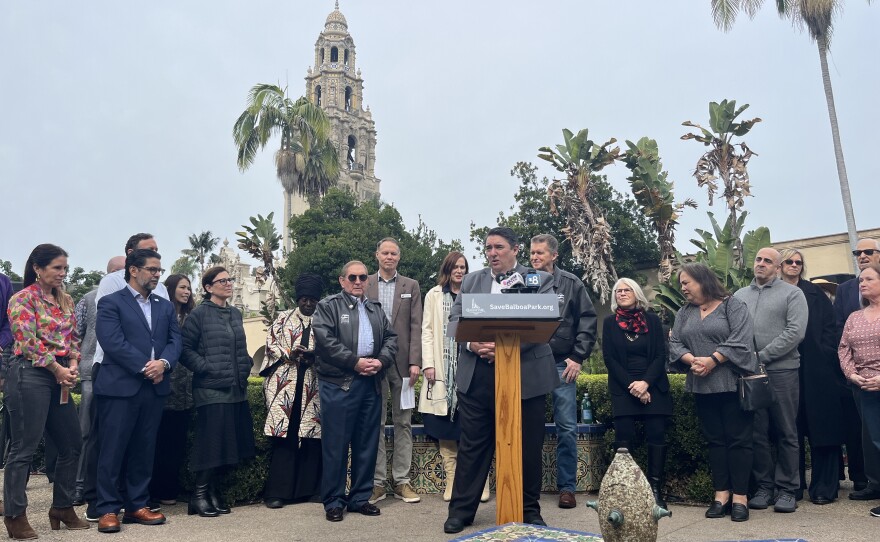 Leaders of some of Balboa Park's largest cultural institutions hold a news conference at Balboa Park on Jan. 21, 2026.