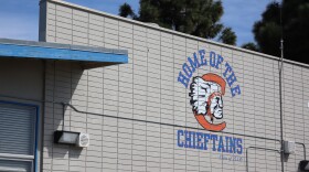 A mascot logo painted on a building at Clairemont High School in San Diego, photographed on Monday, Feb. 23, 2026.