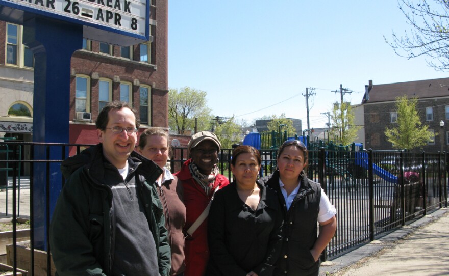 Parents who oppose Emanuel's plan to lengthen the school day to seven hours for elementary students (from left): Jonathan Goldman, Joy Clendenning, Josephine Sanders, Nellie Cotton and Mary Botello.