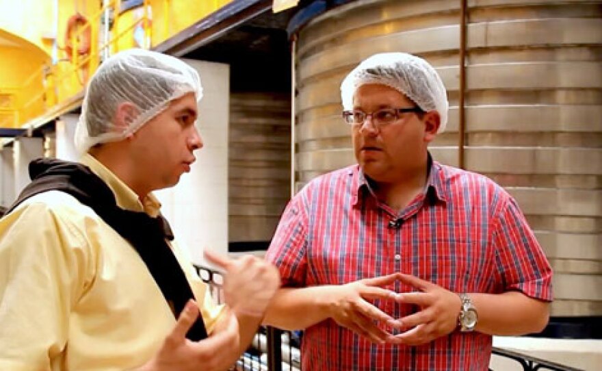 Host Jorge Meraz (right) learns about the Tequila-making process at the Jose Cuervo factory. Tequila, Jalisco in Mexico.
