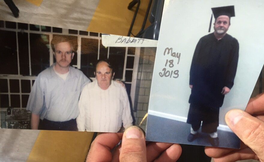 At Hillary Clinton's event, Carl Babbitt Carl Babbitt raised his hand high until Clinton called on him to tell his story. Here, Babbitt holds two photos of himself. One from when he was 29 years old, in prison serving time for a murder. The other taken recently when he graduated with a degree.