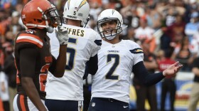 San Diego Chargers kicker Josh Lambo (2) celebrates his NFL football game-winning field goal against the Cleveland Browns during the second half Sunday in San Diego, Oct. 4, 2015. 
