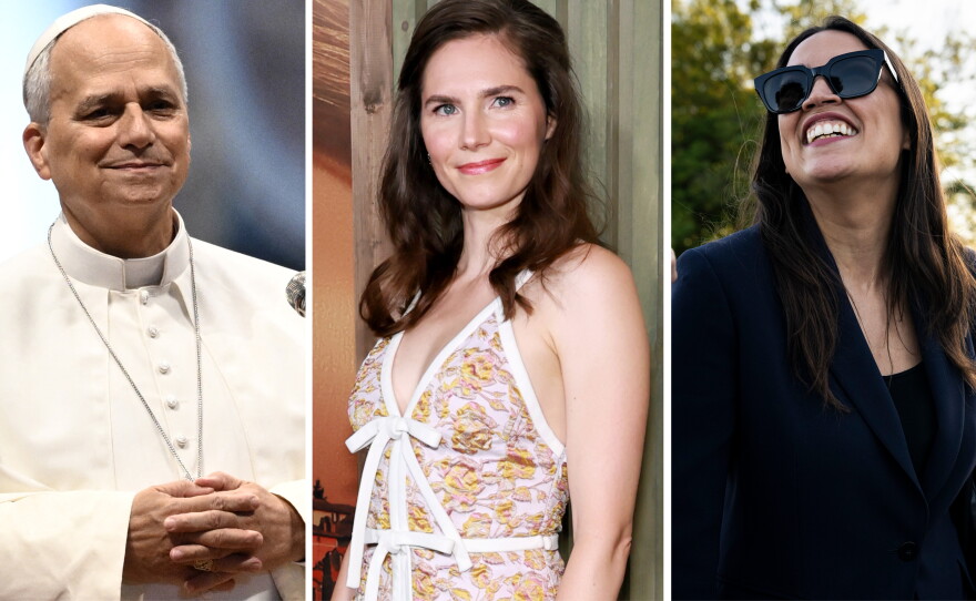 From left: Pope Leo, someone who is a correct answer, AOC.