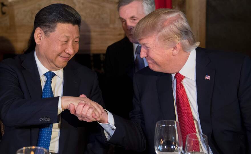 Chinese President Xi Jinping and President Trump shake hands during dinner at Trump's Mar-a-Lago estate in Palm Beach, Fla., on April 6, during the first face-to-face meeting of the two leaders.