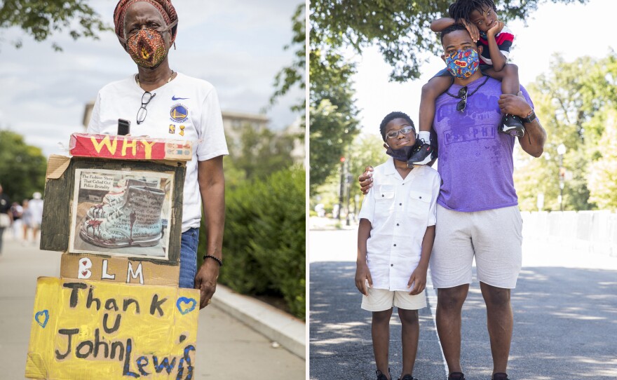 Right, Sheila Carr, of Washington, D.C. Left, Alphonso Harrell, recently moved to Richmond, Va. The children are Alphonso Harrell, 11, white shirt, and Jeremiah Harrell, 5, striped shirt on dad's shoulders.