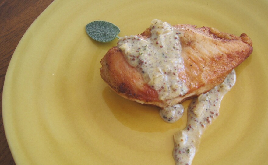 Castle's pan sauce (served here with chicken) is spiked with brandy, cider and mustard.
