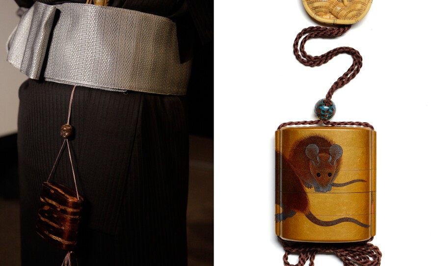 (L) A demonstration of how netsuke, tiny carved pieces, were used in traditional dress. (R) Netsuke were worn as part of an ensemble that included <em>inro</em>, or containers, and <em>ojime</em>, or sliding beads that allow <em>inro</em> to be opened and closed.