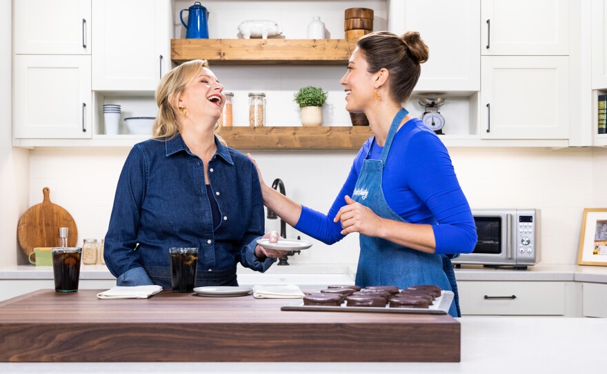 Test cook Morgan Bolling (right) shows host Bridget Lancaster how to make Chocolate-Marshmallow Sandwich Cookies