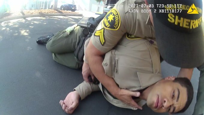 Sheriff's deputy trainee David Faiivae being helped after a suspected Fentanyl overdose, July 3, 2021.