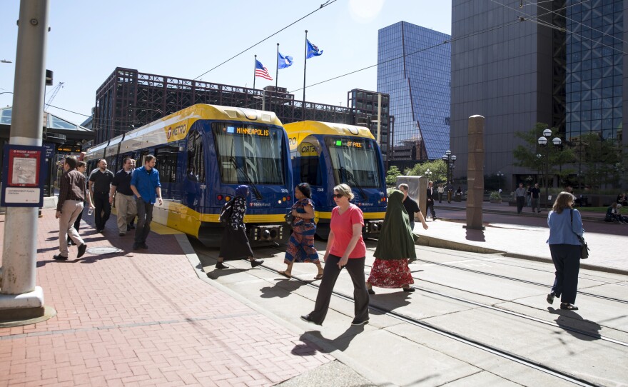 The light rail runs through downtown Minneapolis, Minn., in September.