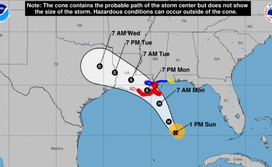 The probable track of Hurricane Marco, according to the National Hurricane Center.