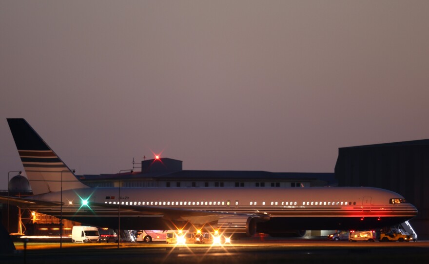 The grounded Rwanda deportation flight EC-LZO Boeing 767 at Boscombe Down Air Base, on June 14, 2022 in Boscombe Down.