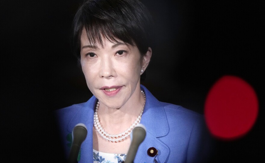 Japan's Prime Minister Sanae Takaichi speaks to reporters at her office in Tokyo Monday, April 13, 2026, after holding telephone talks with her Pakistani counterpart Shehbaz Sharif.