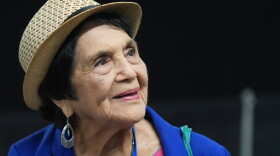 FILE - Dolores Huerta, the labor leader, civil rights activist and co-founder of the National Farm Workers Association, is seen at the California Democratic Party's 2025 State Convention at the Anaheim Convention Center in Anaheim, Calif., May 31,...