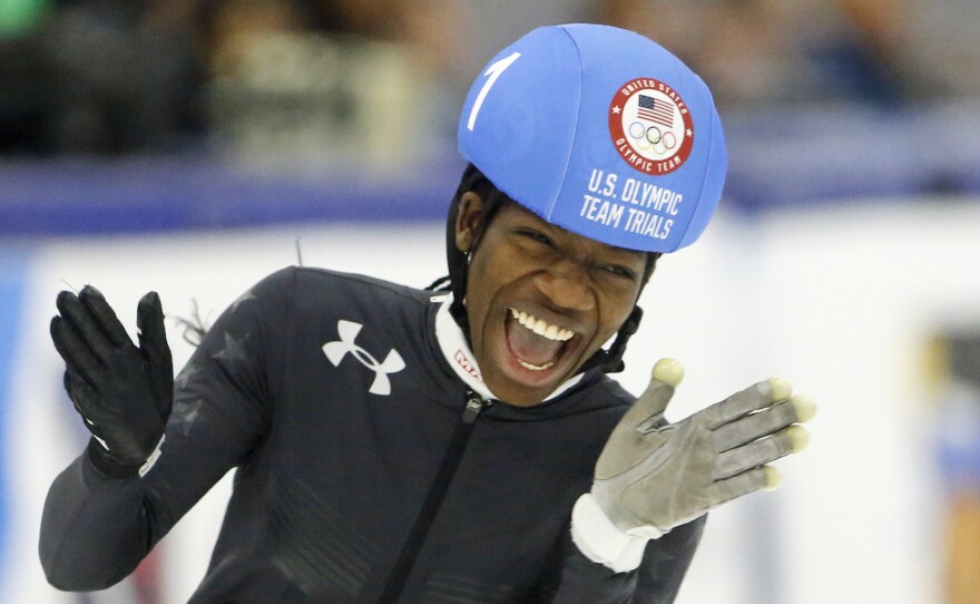 Maame Biney reacts after winning the women's 500-meter A final race during the U.S. Olympic short track speedskating trials in December.