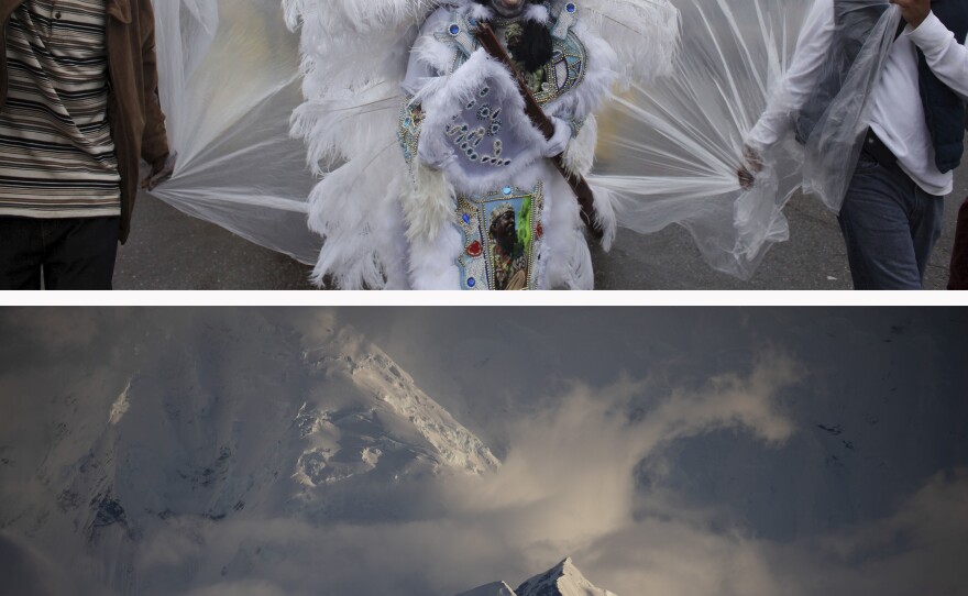 (Top image) Spyboy Al Polite of the Mardi Gras Indian tribe Fi Yi Yi walks through the streets of downtown New Orleans on Carnival Day, February 2013. (Bottom image) A view of the glaciers and mountains from the Gerlache Strait on the western side of the Antarctic Peninsula in February 2022.