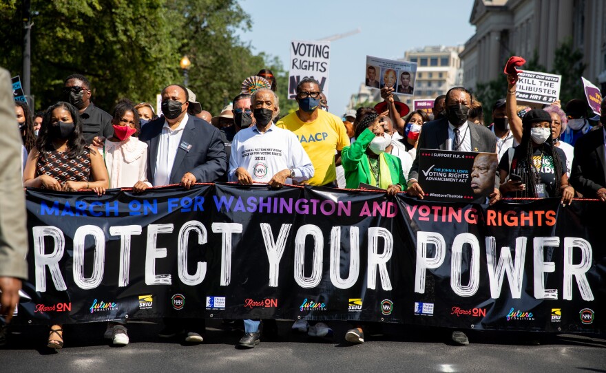 Thousands came to Washington for the March On For Voting Rights on Aug. 28, 2021. Martin Luther King III, the Rev. Al Sharpton, and Texas Rep. Sheila Jackson Lee are among those pictured.