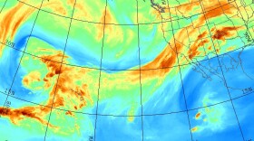 Water vapor imagery of the eastern Pacific Ocean showing a large atmospheric river aimed across California in December 2010. 