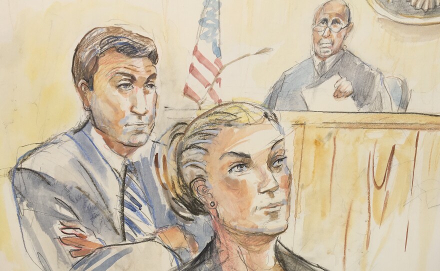 A sketch of Rep. Duncan Hunter, R-Alpine, and his wife Margaret Hunter at their arraignment, Aug. 23, 2018.