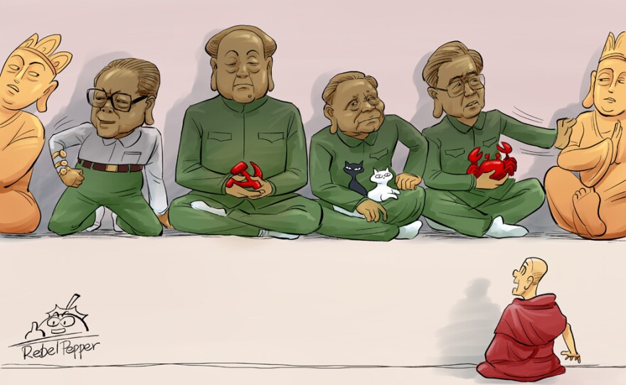 China's top Communist leaders, including Mao Tse-tung and Deng Xiao-ping, edge out Tibetan deities before a horrified Tibetan monk. This refers to the government's mandate that a photo of the leaders be placed in Tibetan monasteries at a time when monks continue to light themselves on fire to protest Chinese rule.