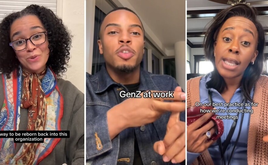 (From left) Nicole Daniels, DeAndre Brown and Lisa Beasley take a sharp and often satirical look at modern office culture, sharing their videos on TikTok where these screenshots were taken.
