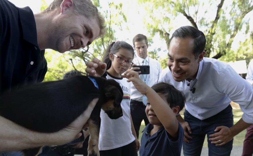 Former Housing secretary Julián Castro, right, his son Cristian and daughter Carina visit Ivan, a puppy up for adoption, during a stop at the Animal Defense League of Texas shelter in San Antonio.